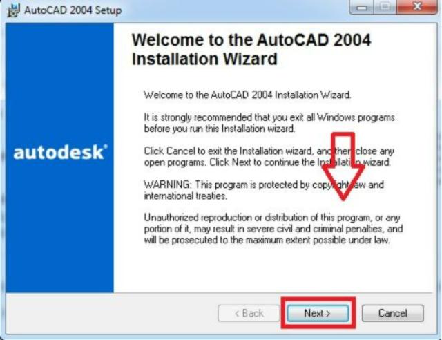 Nhấn Next để tiếp tục cài đặt Autocad 2004